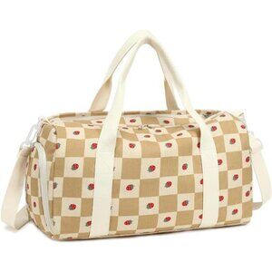 Duffle Bag Girls Kids Cute Gym Bag Strawberry corduroy brown white